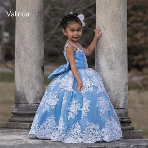 Blue Girl Birthday Party Dresses with Appliques Lace Ball Gown Pageant