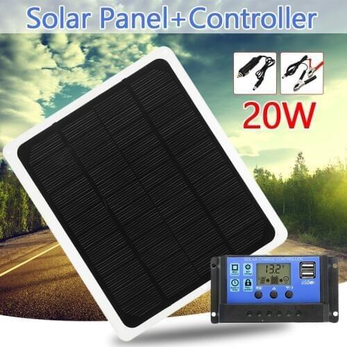 20W 12V Dual USB Output Solar Panel with Car Charger with 10/20/30/40/50A USB Solar Charger Controller for Outdoor LED Light