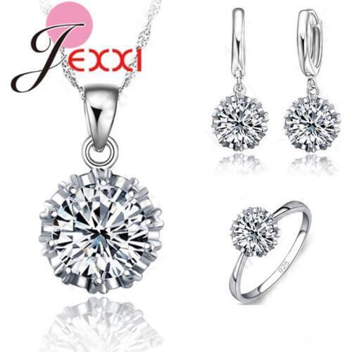 Wedding 925 Sterling Silver Jewelry Sets For Women Big Stone CZ Cubic Zirconia Necklace/ Earring/ Ring Set