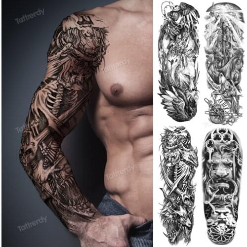 Full arm tattoo temporary waterproof fake tattoo sleeves leg thigh body stickers tatoo man boy sexy water tattoos black skull