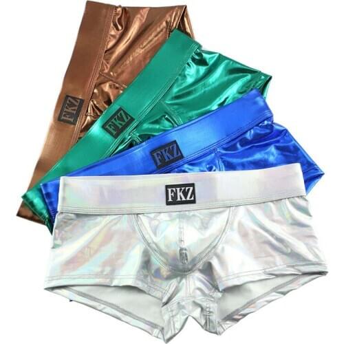 4PCS/Set Shiny Mens Underwear PU Leather Wet Look Boxer Shorts U-convex Pouch Stage Dance Clubwear Male Gay Boxers Underpants
