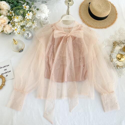 2019 spring autumn new female bow collar beading lantern sleeve ruffles mesh shirt womens solid color blouse women shirts