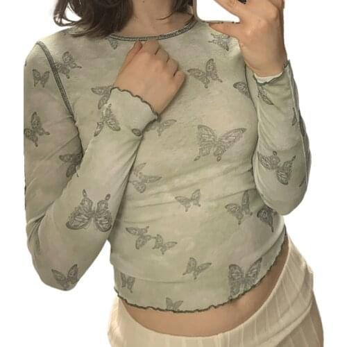 2021 Fashion Butterfly Print Women T-Shirt Sweet Long Sleeve O Neck Slim Crop Top Holiday Spring Autumn Casual Short Tops Tee