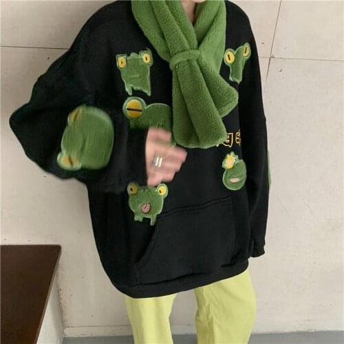 Woman Vintage Frog Sweatshirts Plush Plus Size Sweatshirt with Scarf 2021 Women Kawaii Anime Clothes Spring Pull Body Aesthetic