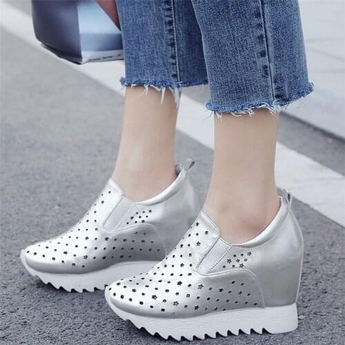Summer Punk Creepers Women Hollow Genuine Leather Wedges High Heel Ankle Boots Female Round Toe Fashion Sneakers Casual Shoes