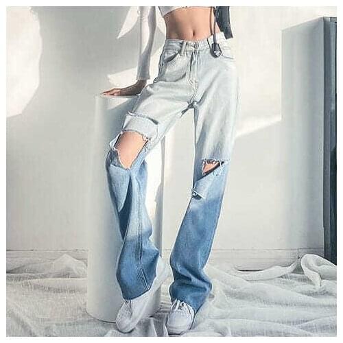 Hole gradient straight jeans womens high-waisted loose-fitting American retro wide-legged trousers mopping pants