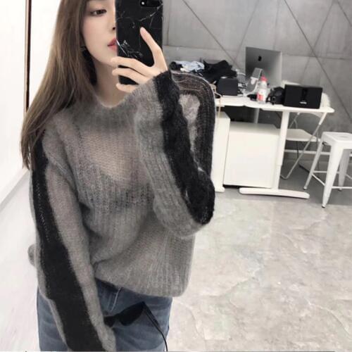 Cheerart Autumn 2018 Thin Sweater Women High Neck Patchwork Grey Knitted Sweater Pullover Transparent Pull Femme Fashion