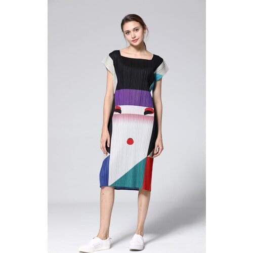 Summer New Style Miyake Wrinkle Dress Temperament Slim Medium Long Section Color A-line Female Pleated Dresses