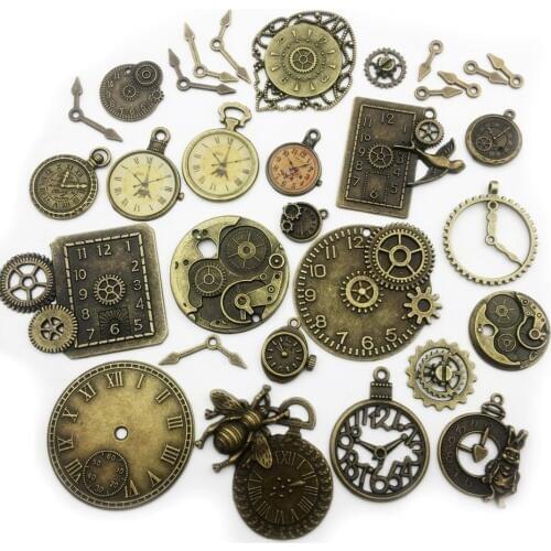 30pcs Antique Bronze Mix Skeleton Steampunk Clock Face Watch Gear Pendant Charms For DIY Jewelry Necklaces Pendants Making