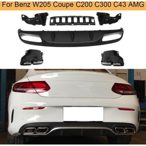 Car Rear Bumper Diffuser Lip Spoiler for Mercedes Benz W205 Coupe 2 Door C200 C300 C43 AMG 2014 - 2019 with Exhaust Tips Non C63