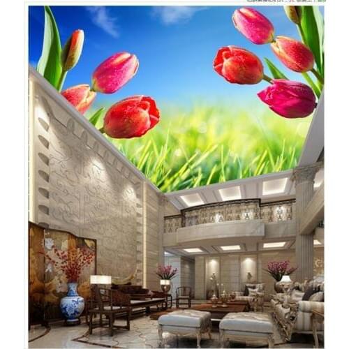 Beautiful tulip flowers and blue sky ceiling 3d room wallpaper landscape ceilings 3d mural wallpaper