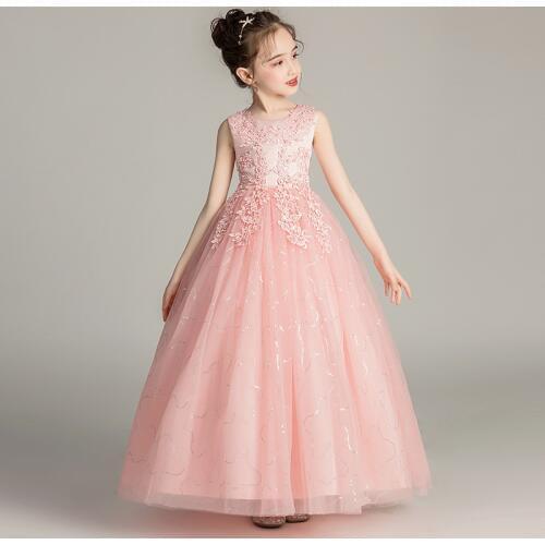 Lace Elegant Wedding Party Teenager Ball Gown Childrens Dressing Gowns White Blue Pink Flower Girls Bridesmaid Dresses