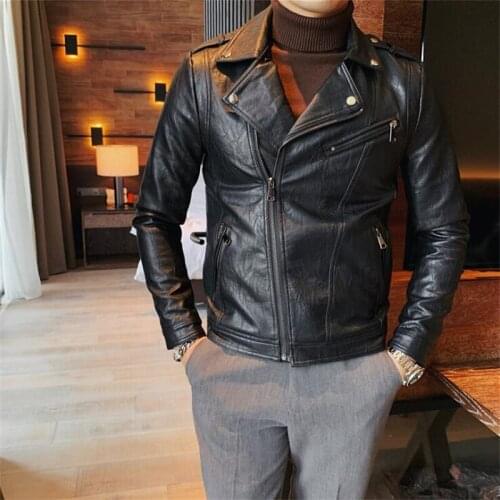 Retro Fashion Diagonal Zipper Pu Leather Jacket 2021 Autumn Winter Men Clothing Slim Fit Turn Collar Casual High Quality Coat