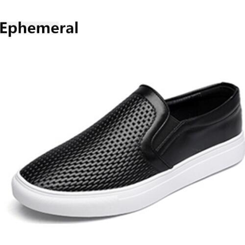 Man Cow Leather Shoes Breathable Cut-outs Loafers Summer Slip-ons Men Casual Plus Size 48-38 Black White Brand New 2017 Low Top