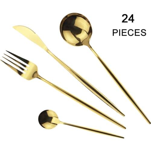 24Pcs/set Gold Mirror Cutlery Set 304 Stainless Steel Dinnerware Set Knife Fork Spoon Dinner Set Kitchen Flatware Tableware Set