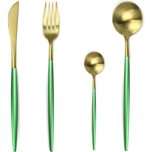 304 Stainless Steel Cutlery Set Green Gold Dinnerware Xmas Restaurant 24PCS Dinner Fork Knife Set Silverware Wedding Tableware