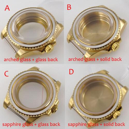 New Sapphire Glass 40mm SUB Yellow Gold Coated Automatic Watch Case fit NH35A NH36A Glass Back No Insert
