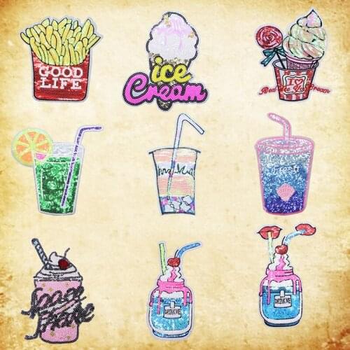Cocktail drink French fries ice cream red lips kiss color Sequin patch clothes patch cup drink bottle fabric womens dress jeans