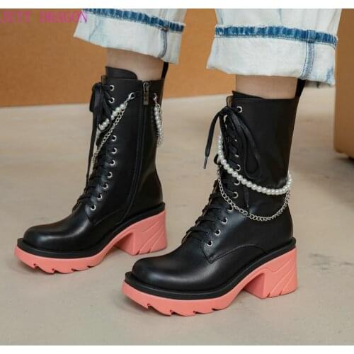 Spring Autumn Leather Lady Mid Calf Boots Fashion Cross Tied Color Matching Womens Shoes Platform Square High Heel Short Boots