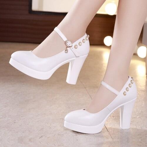 32 33-43 Pearl Platform Pumps Women Shoes Leather Block Heels 2021 Autumn High Heel Shoes Ladies Red White Silver Wedding Shoe