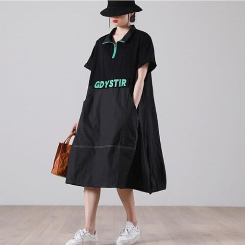 Korea Style Street Fashion Print Letter Girls Chic Dress 2021 New Patchwork Loose Summer Dress Zipper Women Casual Midi Dress