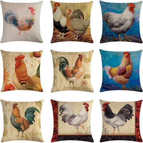 Vintage Oil Painting Cock Rooster Cushions Cover Cotton Linen Farmhouse Style Pillowcase 45x45cm Countryside Throw Pillow Cover