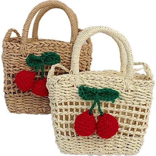 Women Summer Beach Boho Rattan Straw Tote Shoulder Bag Purse Cute Cherry Bucket Shoulder Bag Travel Everyday Use