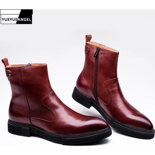 British Pointed Toe Genuine Leather Boots Men Luxury Zip Wedding Office Dress Boots Black/Wine Red Autumn High Top Shoes Man