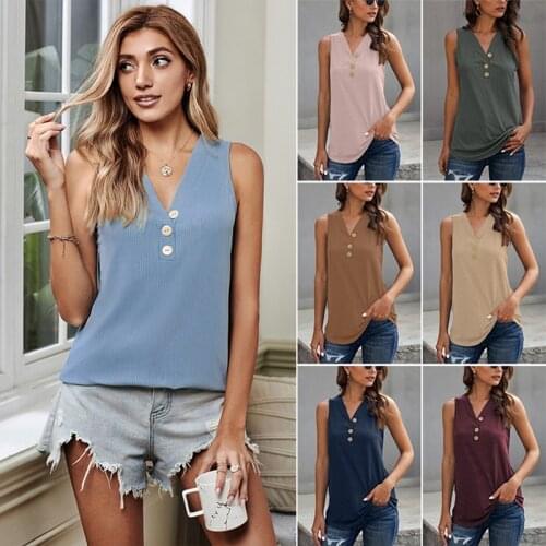 Women Crochet Tank Tops Summer Sexy V Neck Sleeveless T-Shirt Ladies Buttons Basic Tops Knitted Shirt