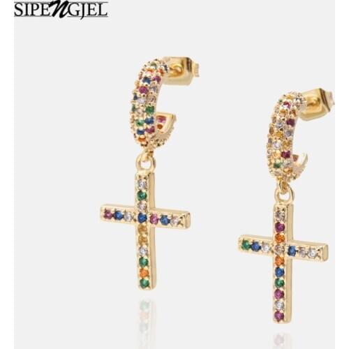 New Trendy Cubic Zirconia Gold Cross Stud Earrings Colorful Cz Crystal rainbow Earrings For Women jewelry