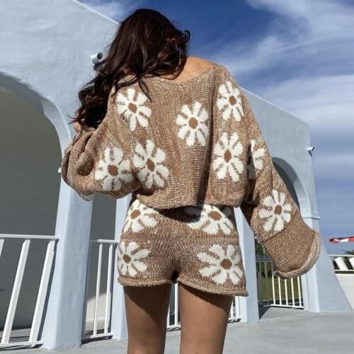 Spring Autumn Two Piece Knitted Sets Vintage Floral Printed Long Sleeve Sweater Top and Zipper Biker Shorts Women Matching Suit