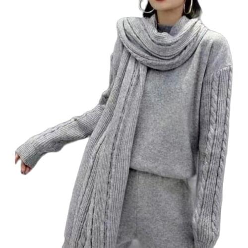 2021 autumn and winter loose round neck sweater + slim nine-point pants with scarf knitted three-piece fashion womens clothing