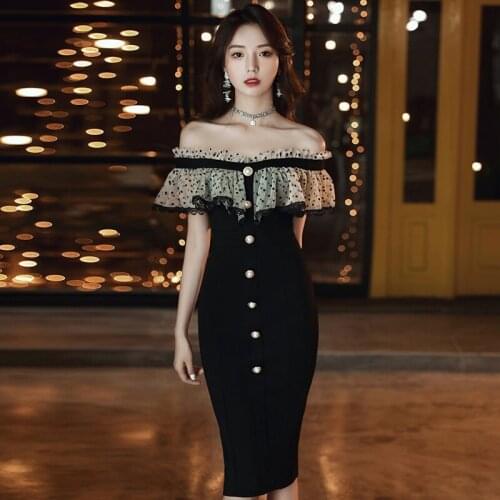 Dress Women Black Party Ruffles Lace Sleeveless Slash Neck Sexy Dress Elegant Club Dress Women Fashion Vestidos Verano SY081