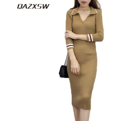 QAZXSW Autumn Winter Knitted Dresses Women Woolen Dress Three Quarter Sleeve Turn Down Collar Ladies Party Dress Vestidos HB475