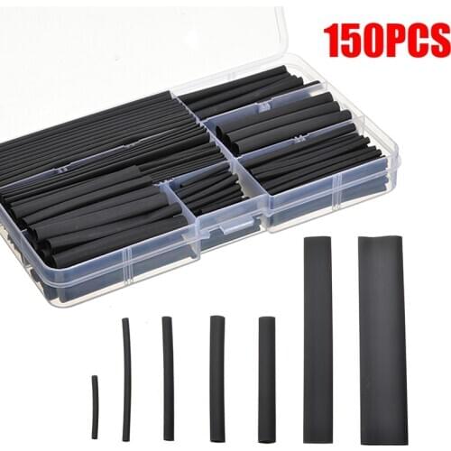 150pcs Shrinking Heat Shrink Tube Black Polyolefin Wire Cable Insulated Sleeving Heat Shrink Tubing Assortment Kit