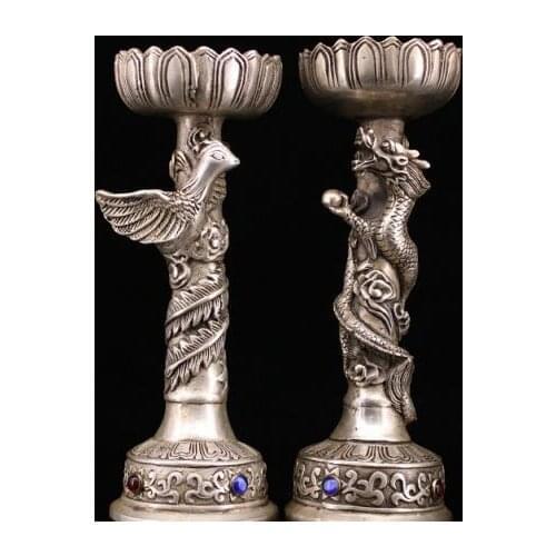 6.8" A PAIR ASIA BRASS SILVER PLATING MOSAIC GEM DRAGON PHOENIX CANDLESTICK