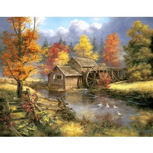 Diamond mosaic full diamond embroidery beads Cottage tree woods river diamond cross stitch crystal Square diamond sets unfinish