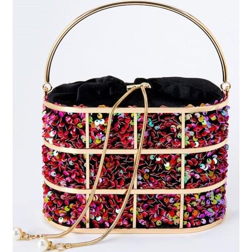 Sequined Basket Evening Clutch Bags Women 2021New Hollow Out Metallic Handmade Cage Black Handbag Ladies Dinner Party Tote