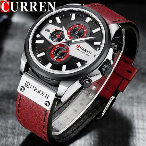 CURREN Man WristWatch Chronograph Calendar Sport Men Watch Military Army Top Brand Luxury Red Genuine Leather Male Clock 8394