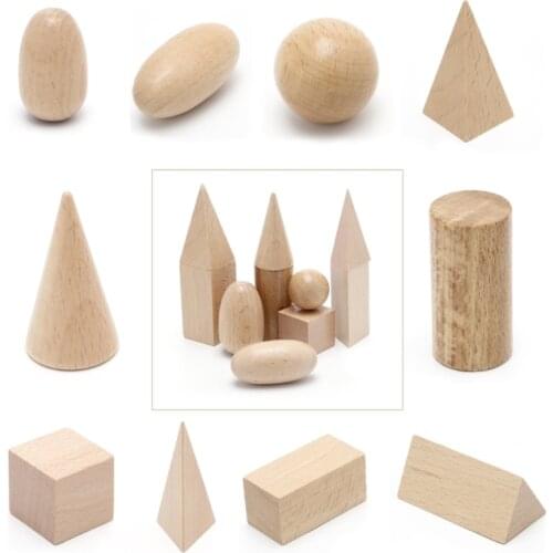 Wooden Geometric Solids 3-D Shapes Montessori Learning Education Math Toys Resources for School Home