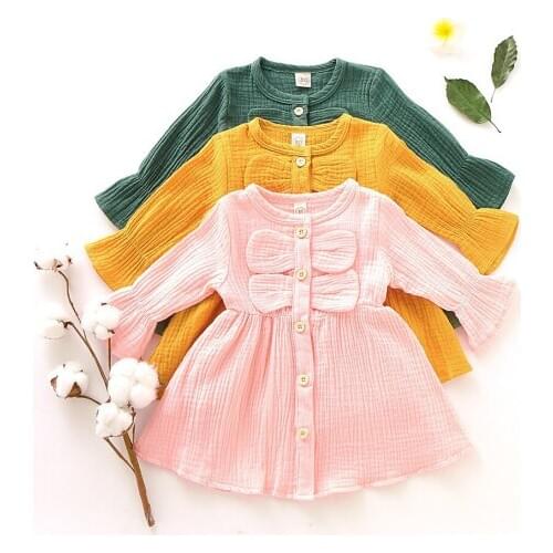 YOFEEL Kids Baby Girl Autumn Dress Ruffles Long Sleeve Solid Cotton Linen Clothing Chidren Casual Dresses for Girls 1-5 years
