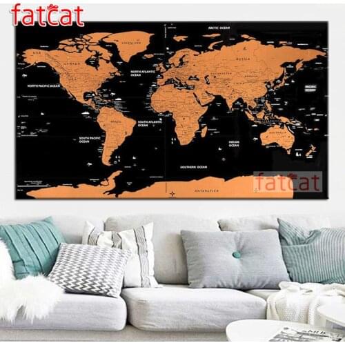 FATCAT Large Size Diy Diamond Painting World Travel Map Full square round drill 5d Diamond Embroidery Mosaic landscape AE1108