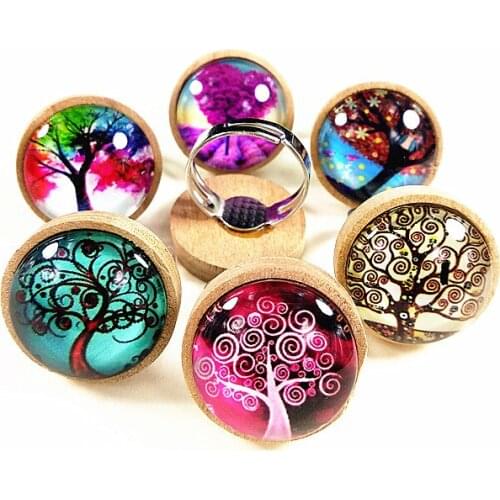 Jiangzimei 24pcs logs dark caffeine Wood cabochons with tree of life Glass cabochons finger Rings Ethnic retro-style