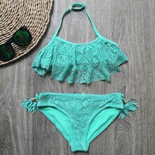 3-14 Years Teenager Girl Swimsuit Kids Lace Girl Bikini Crop Top Bathing Suit Child Girl Swim Wear Two Piece Childrens Swimwear