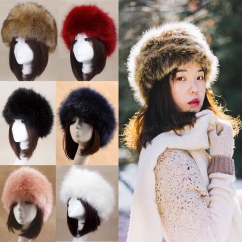 Hot Sale Winter Women Men Russian Thick Fluffy Cap Faux Fox Fur Headband Hat Solid Color Warm Ear Warmer Ski Classic Warm Hat