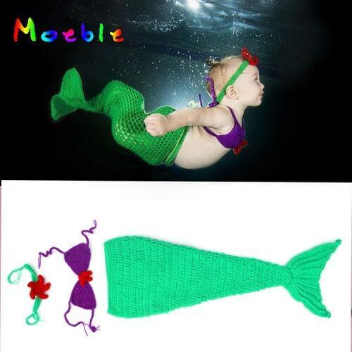 Latest Newborn Girls Crochet Mermaid Costume Knitted Mermaid Cocoon and Headband Photography Props Baby Crochet Outfit MZS-15072