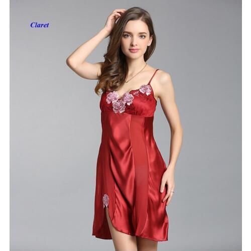 Pure silk lady V-neckline sexy lace nightgown,100% silk crepe satin sleeveless embroidery sleeping dress,with gift mask