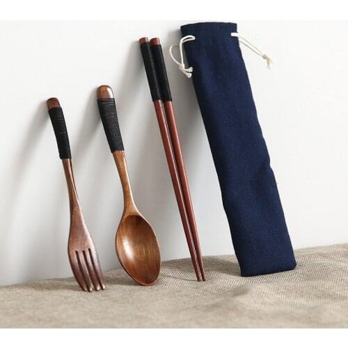 Portable Wood Tableware Outdoor Wooden Cutlery Travel Dinnerware Suit with Cloth Pack Gifts Set Cloth Bag