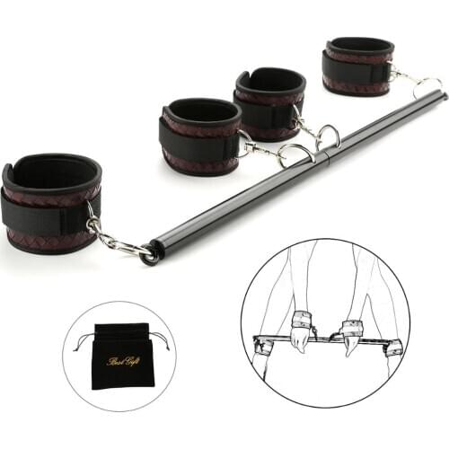 Expandable Spreader Bar with Leather Ankle Wrist Cuffs Position Master Bondage Sex Restraint Kit