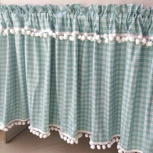 Retro Style Green Plaid Wool Ball Cotton Coffee Curtain Kitchen/Bedroom/Cupboard Decorative Dust-proof Short Curtain 50*150cm